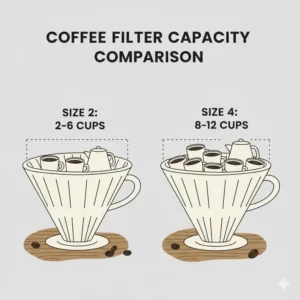 Illustration showing the cup capacity and volume differences for coffee filters 2 vs 4.