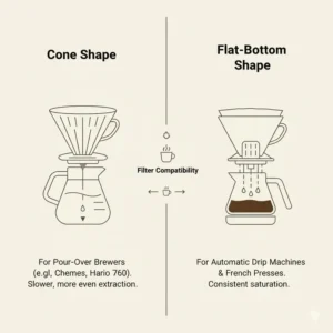 Graphic displaying different shapes of good coffee filters like cone and flat-bottom basket types.
