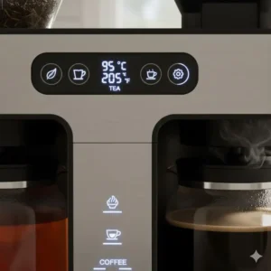 Digital display interface on the tea and coffee brewer appliance highlighting the precise temperature control settings.