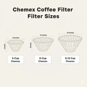 An image demonstrating the different coffee filters sizes specifically made for Chemex coffee brewers.