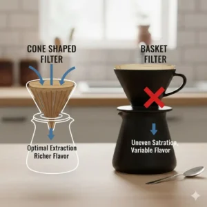 Diagram showing even water saturation and optimal extraction through the pointed tip of cone shaped coffee filters.