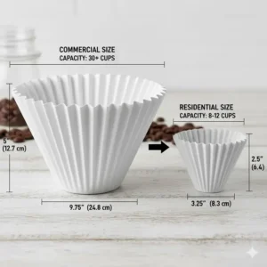 Comparing large industrial filters against standard residential basket coffee filter sizes.