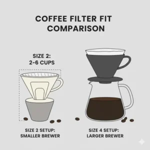 Comparing how coffee filters 2 vs 4 fit into different sizes of coffee drippers.