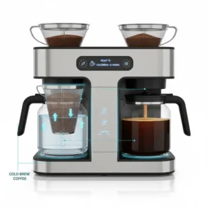 Schematic illustration demonstrating the process and components for making cold brew using the tea and coffee brewer function