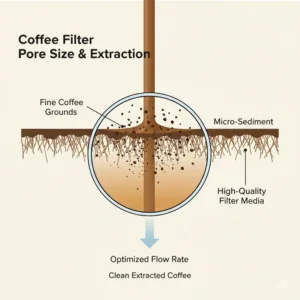 Technical diagram explaining how good coffee filters manage pore size and coffee extraction.