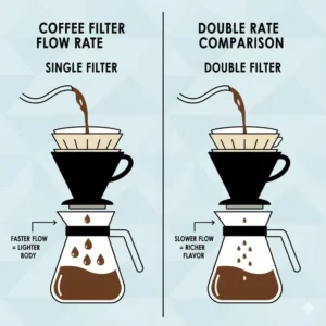 Diagram of water flow speed and extraction time differences between a 2 coffee filter vs 4 application.