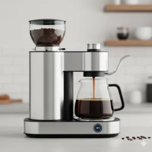 High-end automated kettle coffee maker with an integrated burr grinder for whole beans.