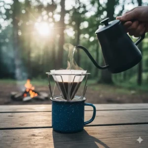 A lightweight, portable folding stand for a coffee filter individual cup, perfect for making coffee while traveling.