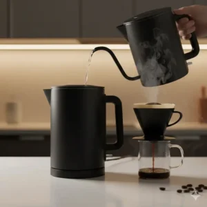 5- A gooseneck kettle pouring hot water over ground beans next to an automatic coffee maker and kettle.