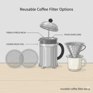 A collection of reusable mesh and permanent filters, showing a variety of options for coffee filter sizes and types.
