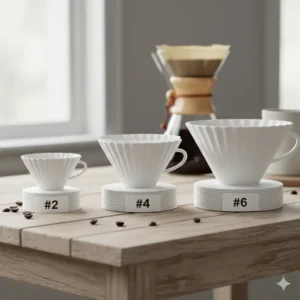 A selection of white cone shaped coffee filters in different sizes, such as #2 and #4, for various brewer models.