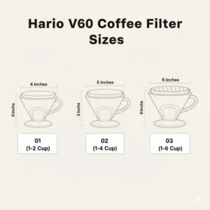 A photograph showing Hario V60 coffee filters sizes (01, 02, 03) next to their corresponding pour-over devices.