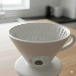 A detailed view of a V60 ceramic cone, showing the ridges inside the coffee filter individual cup for optimal flow.