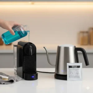 6- Image showing the descaling process for both a compact filter coffee maker and kettle.