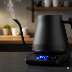 Digital display on a variable temperature control kettle, set to $205^{\circ}F$ for optimal brewing.