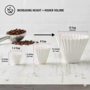 A diagram showing the wall height and depth variations of basket coffee filter sizes.