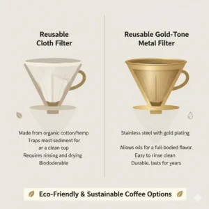 A selection of eco-friendly and reusable good coffee filters made from stainless steel and fabric.