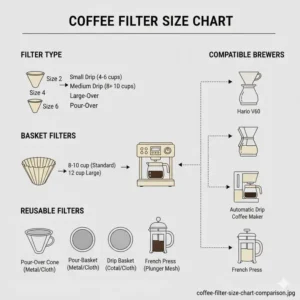 An easy-to-read chart detailing how different numerical codes correlate to various coffee filter sizes and brew methods.