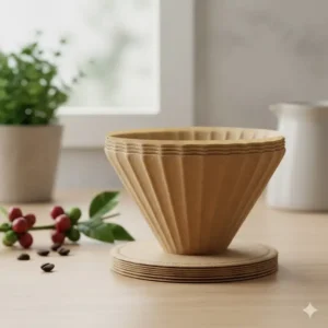 Stack of natural cone shaped coffee filters with an unbleached, brown appearance, emphasizing eco-friendliness.