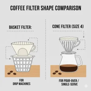 Clarification chart showing the shape difference of basket filters and coffee filters 2 vs 4.