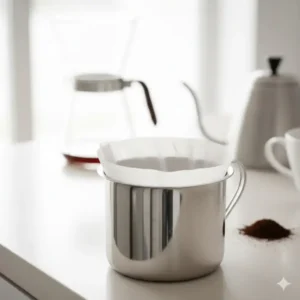 The clean brew basket and paper filter of a drip coffee machine, prepared for ground coffee.