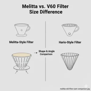 Side-by-side comparison of Melitta-style and V60 coffee filter sizes highlighting the difference in their conical shape.