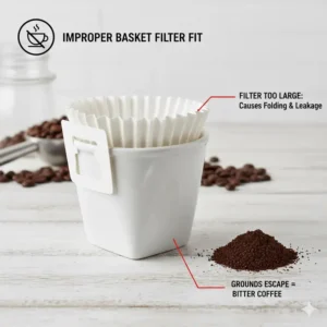 An example of coffee grounds leaking due to using the wrong basket coffee filter sizes.