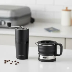 7- A small, portable travel kit featuring a miniature folding electric kettle and a manual coffee maker and kettle.