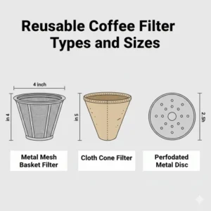 An illustration comparing the shape and variety of reusable coffee filters sizes available in metal mesh and cloth.