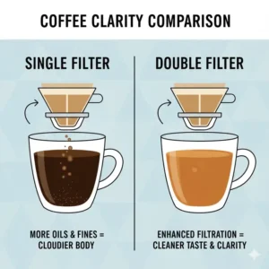 Comparison of cup clarity and taste profile when using 2 coffee filter vs 4 filters in one brew.