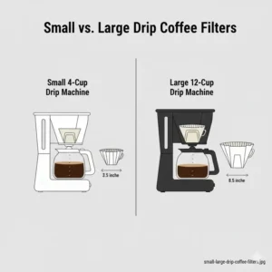 Two basket filters side-by-side in a small (4-cup) and a large (12-cup) machine showing variations in automatic drip coffee filter sizes.