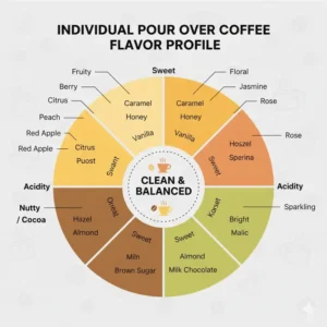 A flavor wheel diagram illustrating the complex aromatic notes of individual pour over coffee.