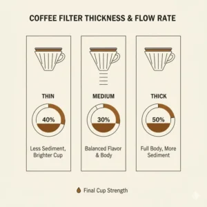 Infographic comparing the paper thickness and water flow rate of various good coffee filters.