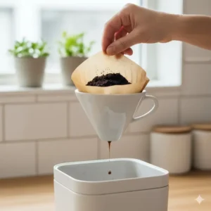 A close-up image of a used paper coffee filter individual cup with grounds being removed, highlighting easy cleanup.