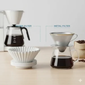 Side-by-side comparison of paper and stainless steel mesh, showing the best coffee filters for drip machines.