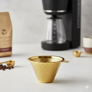 A reusable gold-tone mesh filter, an eco-friendly choice among the best coffee filters for drip.