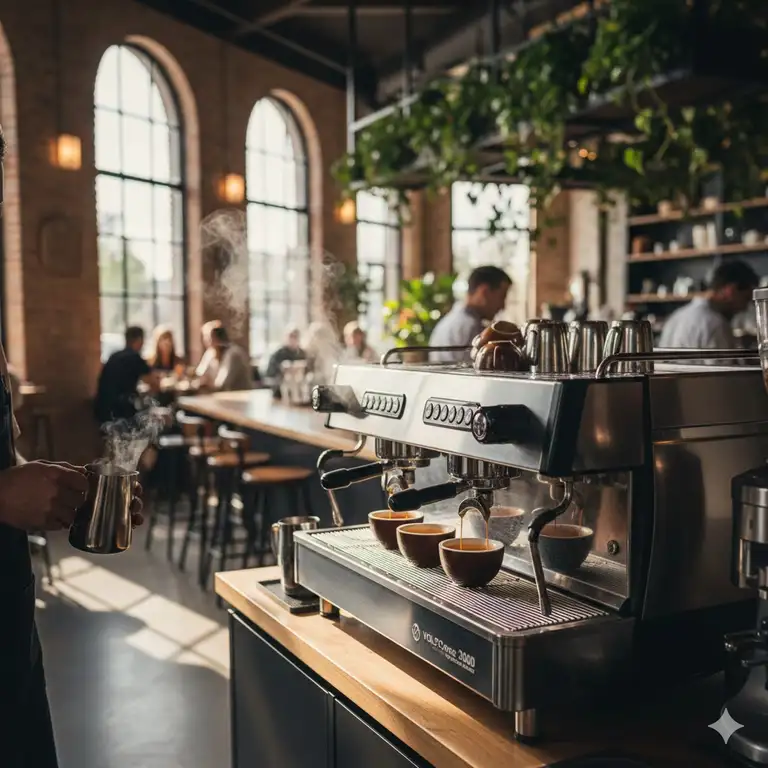A high-end espresso machine brewing in a cafe, representing the best commercial coffee maker for businesses.