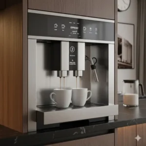 Close-up of the digital touchscreen interface on a professional espresso machine built in a kitchen wall.