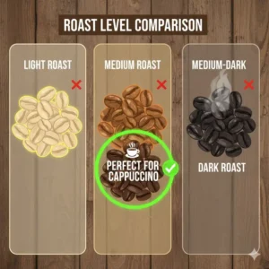 Comparison chart of light, medium, and dark roast levels to find the best coffee beans for cappuccino.