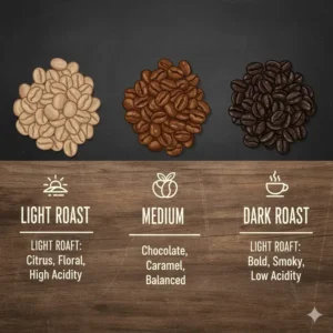 A comparison chart showing light and dark roast levels of the best espresso beans for espresso machine.