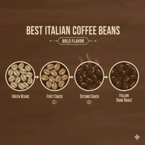 Detailed illustration of the dark roasting process used for the best italian coffee beans.