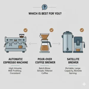 A comparison chart showing different types of the best commercial coffee maker models including automatic and manual.