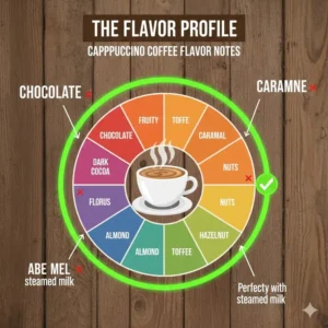 A flavor wheel illustrating the chocolate and nutty notes found in the best coffee beans for cappuccino.