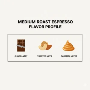 An infographic showing the chocolate and nutty flavor notes of medium roast espresso beans.