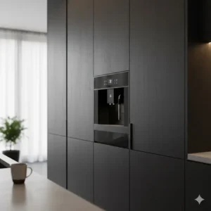 A minimalist black espresso machine built in flush with dark wood kitchen cabinets.