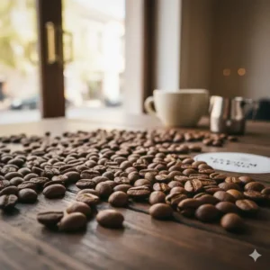 High-quality medium roast beans on a wooden table, ideal when choosing the best coffee beans for latte.
