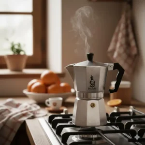 A classic stovetop moka pot brewing the best italian espresso at home