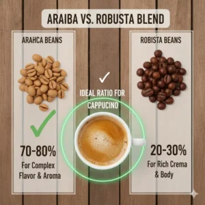 Infographic showing the ideal Arabica and Robusta blend ratio for the best coffee beans for cappuccino.
