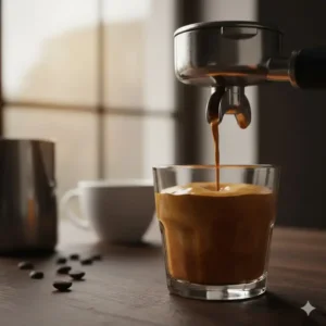 A rich espresso shot flowing from a machine using the best coffee beans for latte to create a perfect base.