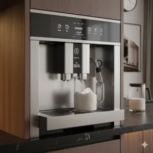 Automatic milk frother function of a premium espresso machine built in a home coffee bar.